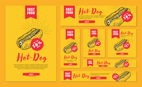 Template set banners hot dog in different formats for social media and websites