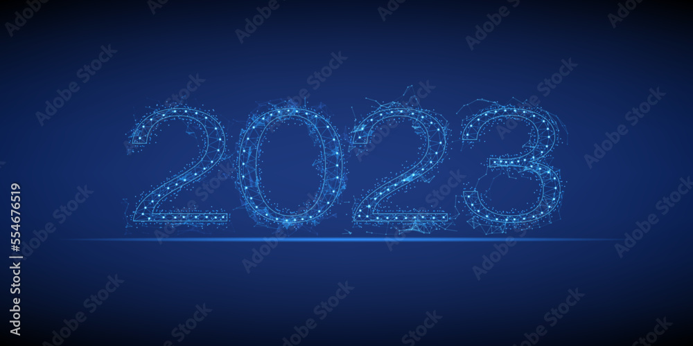 Leinwandbilder abstract happy new year, business of 2023 number low poly design. futuristic of glowing blue light s