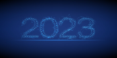 Abstract happy new year, business of 2023 number low poly design. Futuristic of glowing blue light style. Modern lines dots, wireframe text vector.