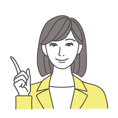指差しポーズでポイントを説明をするスーツを着た女性のイラスト素材 黄