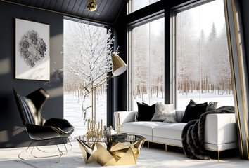 Modern Interior Design Luxury Winter Home, Black White and Gold Decoration, 3D Illustration, Generative, AI