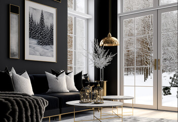 Modern Interior Design Luxury Winter Home, Black White and Gold Decoration, 3D Illustration, Generative, AI