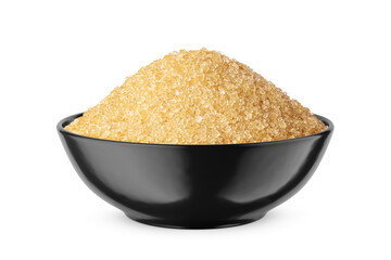 Dark brown granulated sugar in black bowl isolated on white. Side view.