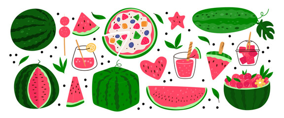 Cartoon bright watermelon. Tropical juicy fruits. Healthy soft drinks. Cocktail glasses. Diet desserts. Natural snacks. Different food pieces. Berry shapes. Ice cream. Garish vector set