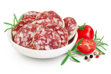 Cured salami sausage in ceramic bowl isolated on white background. Italian cuisine with full depth of field