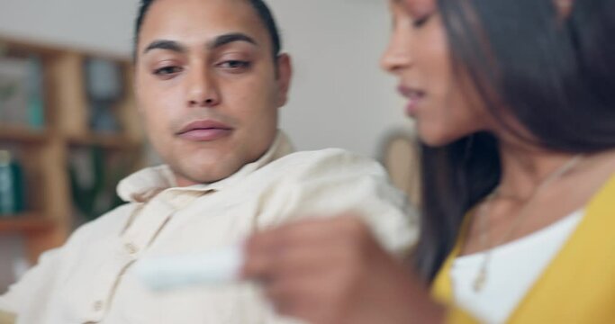 Infertility, angry or couple with pregnancy test, stress or erectile dysfunction in home living room on sofa. Anger, frustrated or sad Indian woman with a pregnancy problem, failure and toxic partner