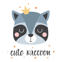cartoon card of cute raccoon, print for kids
