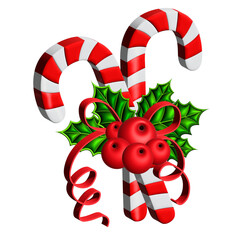 Christmas candy cane and Holly Berry 3D Vector