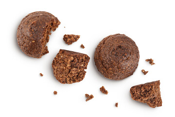 chocolate cookie with kerob, banana, cashew, sunflower seeds isolated on white background. Healthy food, gluten-free, flour-free. Top view. Flat lay.