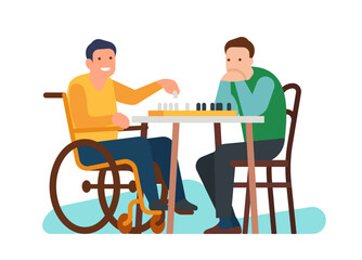 Disabled boy playing chess with friend. Handicapped player at chessboard. Man in wheelchair. Strategy game. Persons with disabilities support. Injured guy rehabilitation. Vector concept