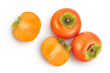 Persimmon fruit isolated on white background with full depth of field. Top view. Flat lay