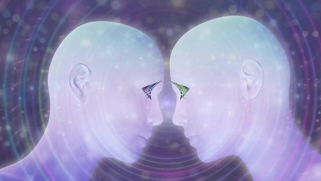 Two figures looking into each other's eyes, on a cosmic background, 3d Illustration, Meditation Animation, Video, Visualization