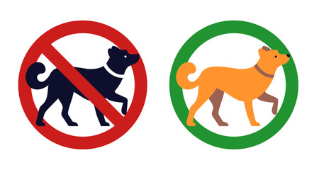 Dog ban sign. Pets prohibited circle crossed icon. Animal restricted zone. Puppies walking law regulations. Allowed or forbidden round pictograms. Attention symbols set Vector concept