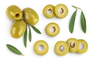 Green olives with leaves isolated on a white background with full depth of field. Top view. Flat lay