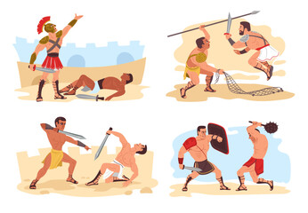 Gladiators fight scenes. Ancient Roman warriors. People in armor. Muscular legionnaires in battlefield. Colosseum war battles set. Soldiers attacking and defending. Splendid vector concept