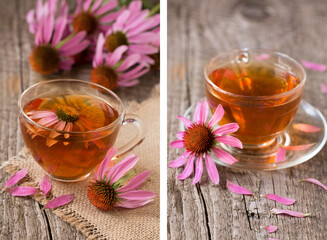 Cup of echinacea tea on old wooden table