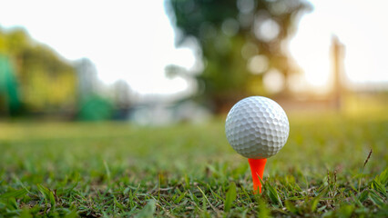 Golf ball on tee in a beautiful golf course with morning sunshine.