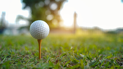 Golf ball on tee in a beautiful golf course with morning sunshine.