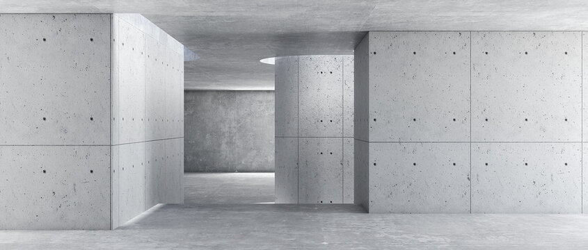 modern concrete room space, floor, wall, and ceiling are concrete structures, empty rooms with wall background. Concept industrial space and building structures place products. 3D rendering