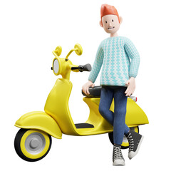PNG of a 3d character of a boy standing next to a motorcycle