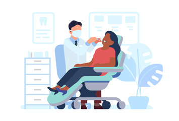 Male dentist examines female patients teeth. Dental prevention. Woman at doctors appointment. Professional oral health care. Medical treatment in hospital. Vector stomatology concept