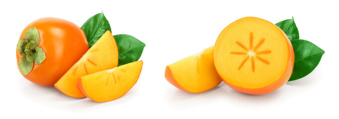 Persimmon fruit with leaves isolated on white background close-up