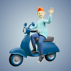 A 3d character of a boy on a motorcycle waving