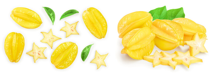 Carambola or star-fruit isolated on white background. Top view. Flat lay