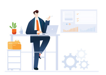 Businessman is working with laptops in office, business concept illustration 