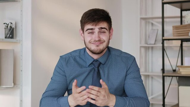 Bad offer. Boring interview. Professional disagreement. Disappointed skeptic business man showing facepalm no in office interior with free space.