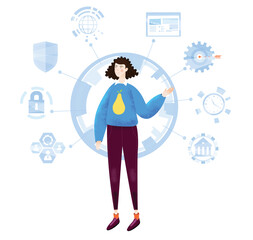 Young woman with business icons, business concept illustration 