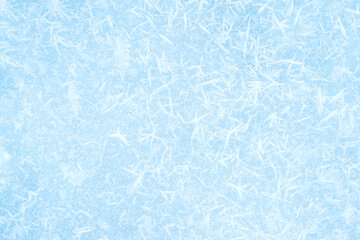 Texture of white frost on blue iced glass. Background
