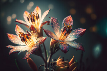 Beautiful blooming yellow and orange flowers on branches with blurred background and Copy space. Aztec Lily flowers