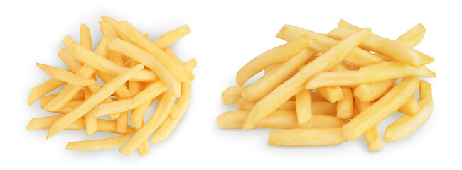 French fries or fried potatoes isolated on white background with full depth of field. Top view. Flat lay