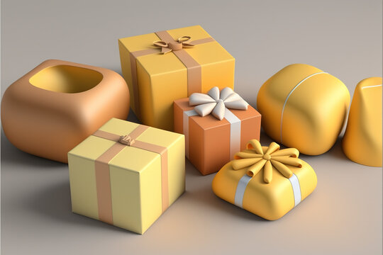 Yellow, Pastel Gift Boxes with Decoration by Generative AI Illustrations
