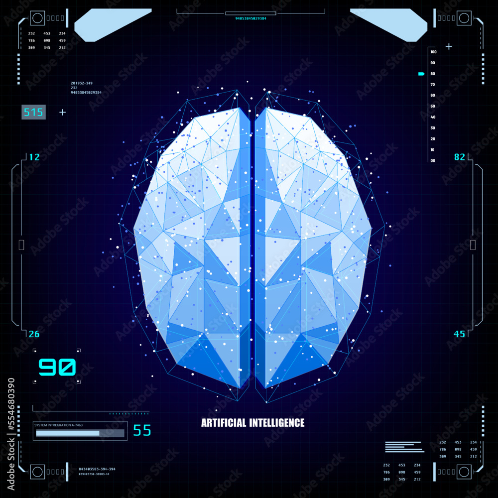 Poster HUD futuristic design of artificial intelligence low poly brain in hud futuristic UI system. Abstract technology AI graphic data monitoring vector.