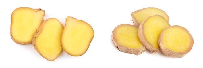 slices of fresh Ginger root isolated on white background. Top view. Flat lay