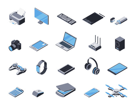 3d laptop, printer, tablet, router, monitor, camera, smartphone, power bank, drone and other portable electronics. Vector set of isometric icons of computer devices, gadgets. Digital technology items