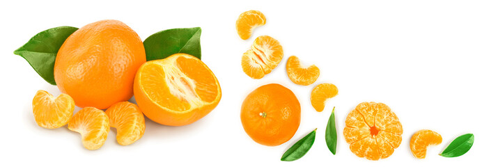 tangerine or mandarin with leaves isolated on white background with copy space for your text. Top view. Flat lay