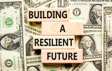 Building a resilient future symbol. Concept word Building a resilient future on wooden blocks. Beautiful background from dollar bills. Business and building a resilient future concept. Copy space.