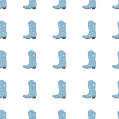 Cowboy boots with ornament seamless pattern. Wild west theme. Hand drawn colored trendy vector illustration on white background