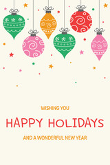 Hanging hand drawn decorations. Christmas greeting card. Vector illustration