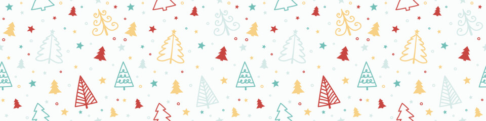 Christmas pattern with hand drawn trees. Xmas wrapping paper concept. Banner. Vector