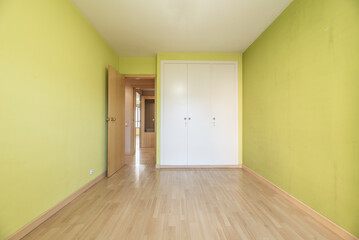 Empty room with white wooden three-door built-in wardrobe with gray bhola handles and pistachio green painted walls