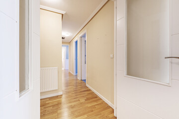 Entrance hall with access to a corridor with white wooden entrance doors leading to other rooms