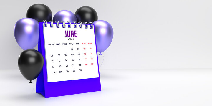 June 2023 Monthly Spiral Desktop Celebration Calendar Template: 3D Render Date Planner Page With Purple, Black Balloons. Background, Copy Space. Set Of 12 Months Composition. Week Starts On Monday.