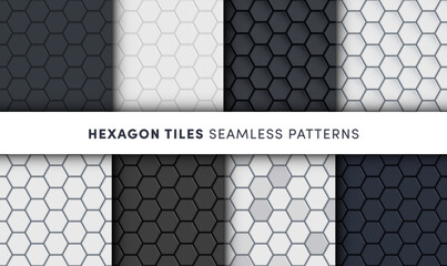 Black and white glossy ceramic hexagon tiles seamless patterns set. Modern home interior, bathroom and kitchen wall texture. Vector black, white, gray shiny metal hexagon wall backgrounds collection.
