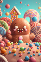 Fototapeta na wymiar little cute gingerbread man in candyland