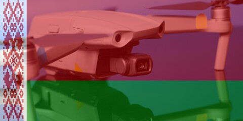 Double exposure of Belarus flag and quadcopter drone aerial camera