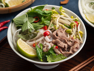 Delicious vietnamese beef noodles pho with ingredients.